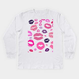 Kissing Lips Pattern in Pink Kids Long Sleeve T-Shirt